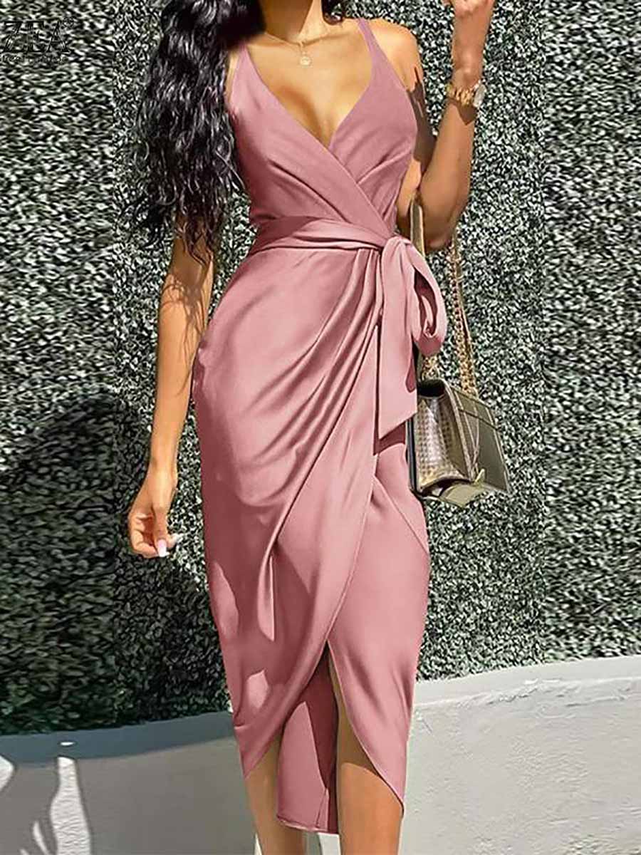 Stunncal Solid Color Straps Slim Irregular Dresses